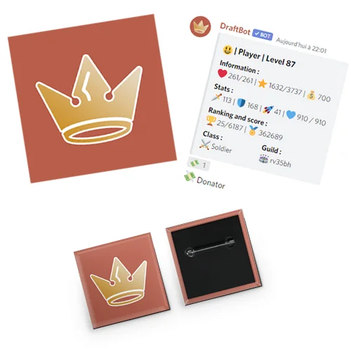 Un sticker Crownicles, le badge donateur sur un profil et un pin's